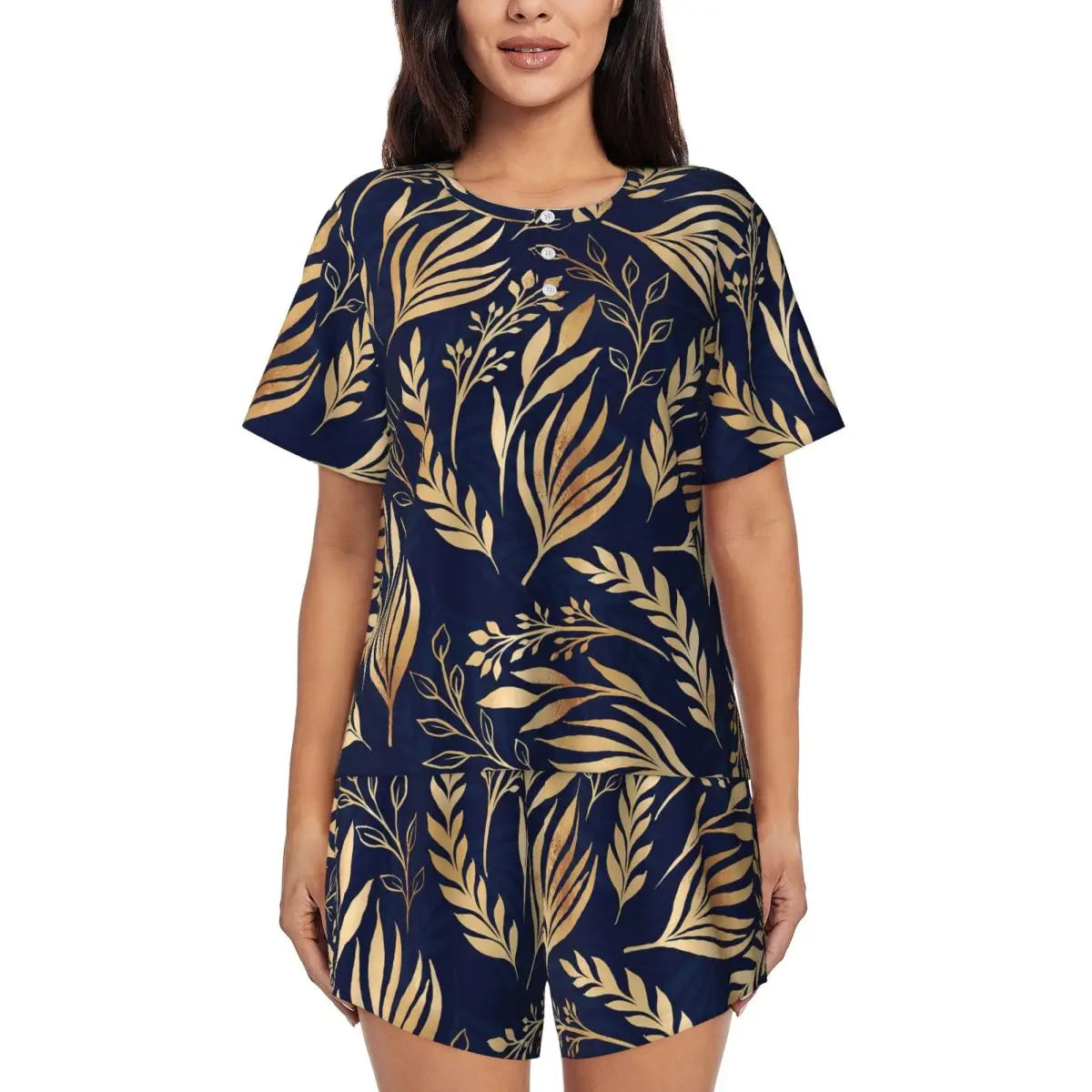 Green Leaf Print Pajamas Short Sleeve Lush Foliage 2 Pieces Leisure Pajama Sets Daily Woman O Neck Vintage Nightwear