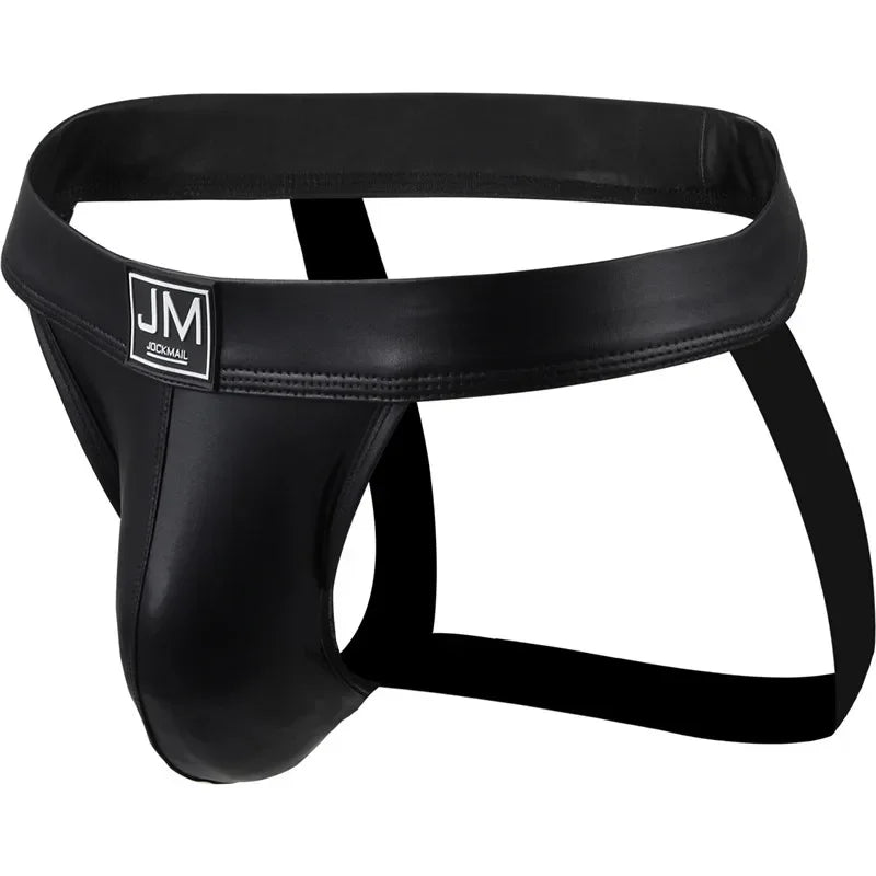 PU Leather Jockstrap Men Sexy Gay Underwear Sissy Men's Thong Lingerie Bikini Panochas U Convex Mens Strings Cueca Tangas Slip