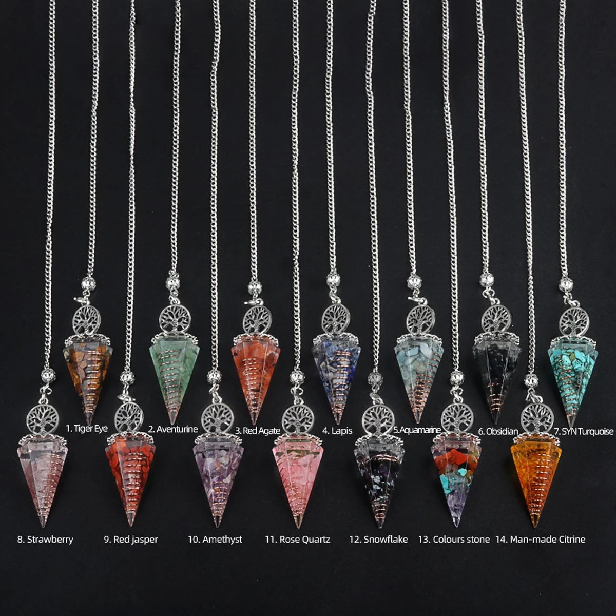 20x52mm Natural Stone Pendulum Necklaces Tree of Life Hexagonal Cone Crushed Stone Amethysts Chakra Pendant Jewelry Accessories