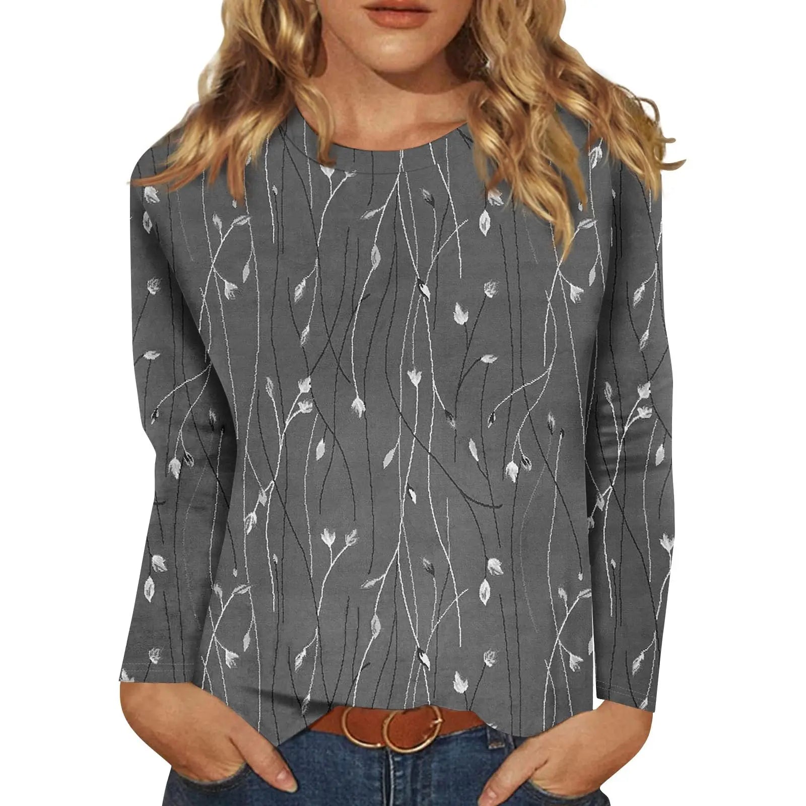 2025 New Women's Flower Fashion Print Long Sleeve T-shirt Sports Leisure Cute Polyester Ultra-thin Round Neck Long Sleeve