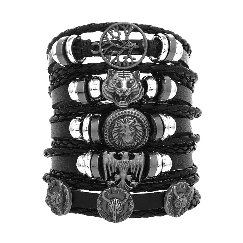 1 Fashion Bracelet Viking Bracelet For Men Hand Bracelets Woven Skull Hand Jewelry Adjustable Leather Set Bracelet For Leather