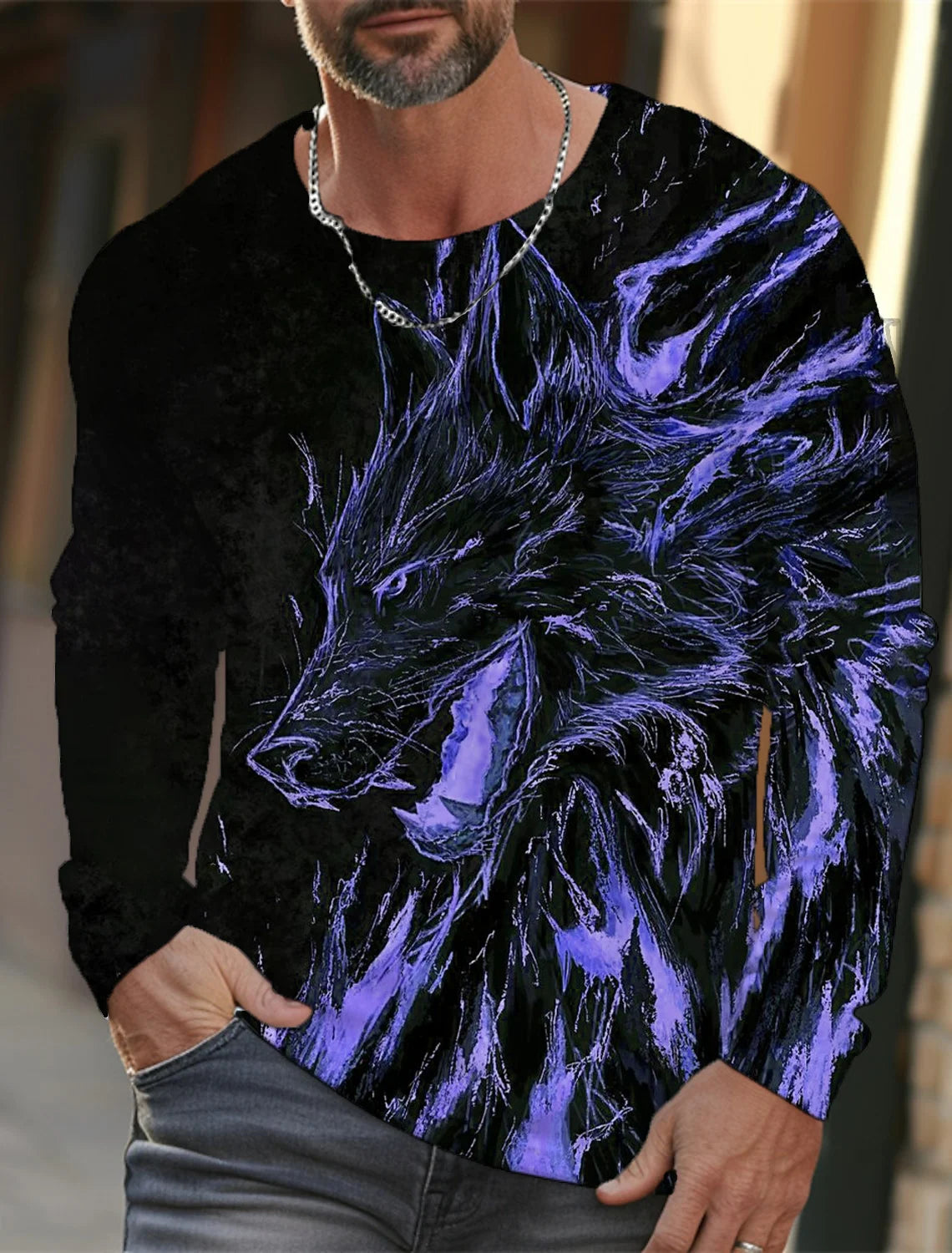 Men's long sleeve t-shirt 3d print high definition wolf animal hand-painted print men's autumn top casual round neck t-shirt