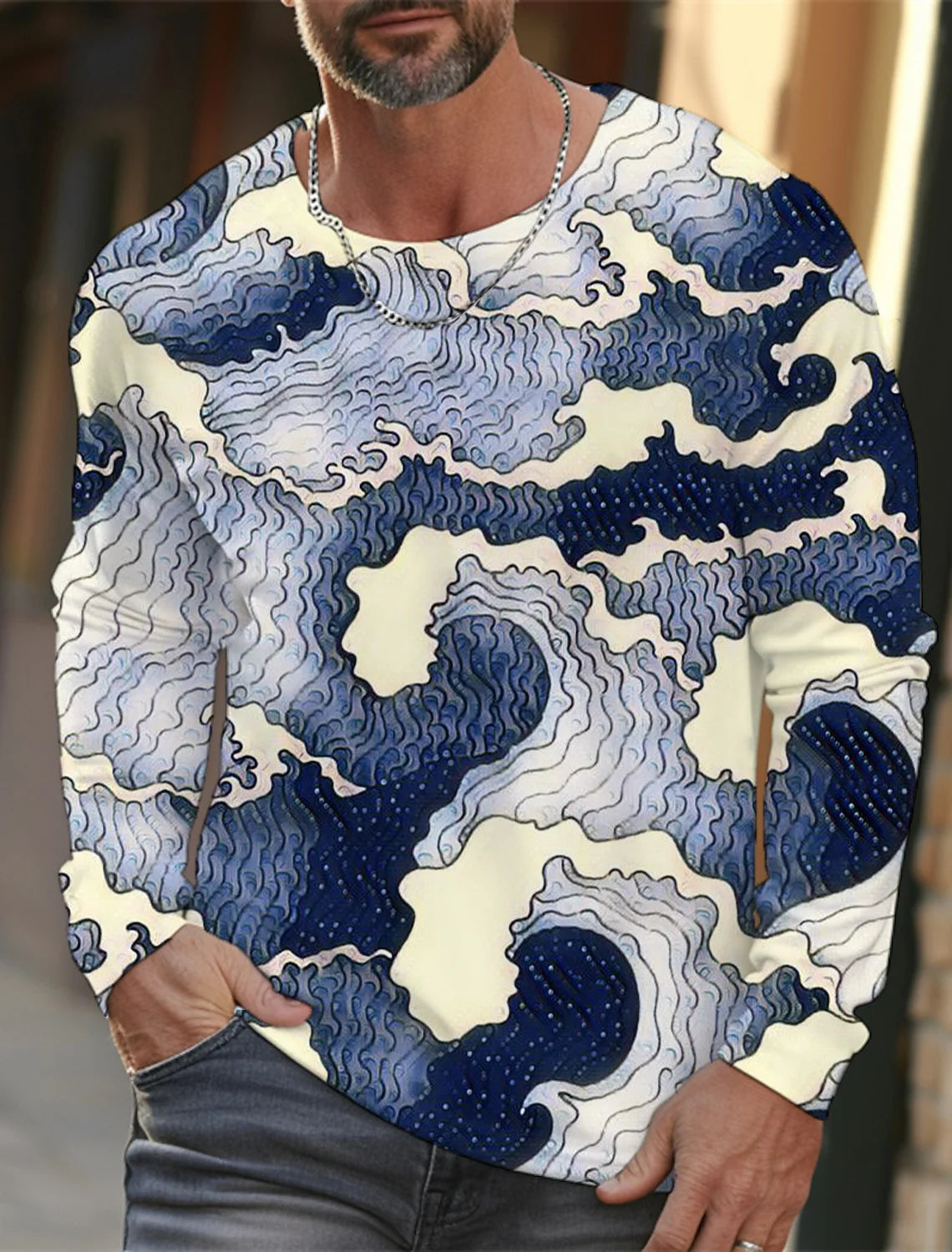 2024 new men's Ukiyoe long-sleeved T-shirt 3D printing high-definition wave cat printing men's autumn casual round neck top