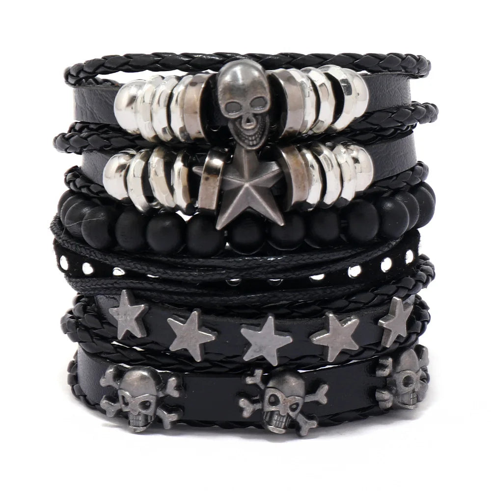 1 Fashion Bracelet Viking Bracelet For Men Hand Bracelets Woven Skull Hand Jewelry Adjustable Leather Set Bracelet For Leather