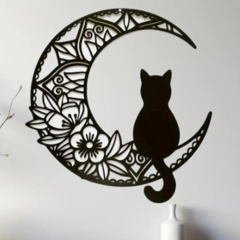 HelloYoung Black Cat On The Moon Wall Pediments, Cat And Moon Metal Wall Decor, Cat Wall Sculpture for Cats Lover, Home Decor