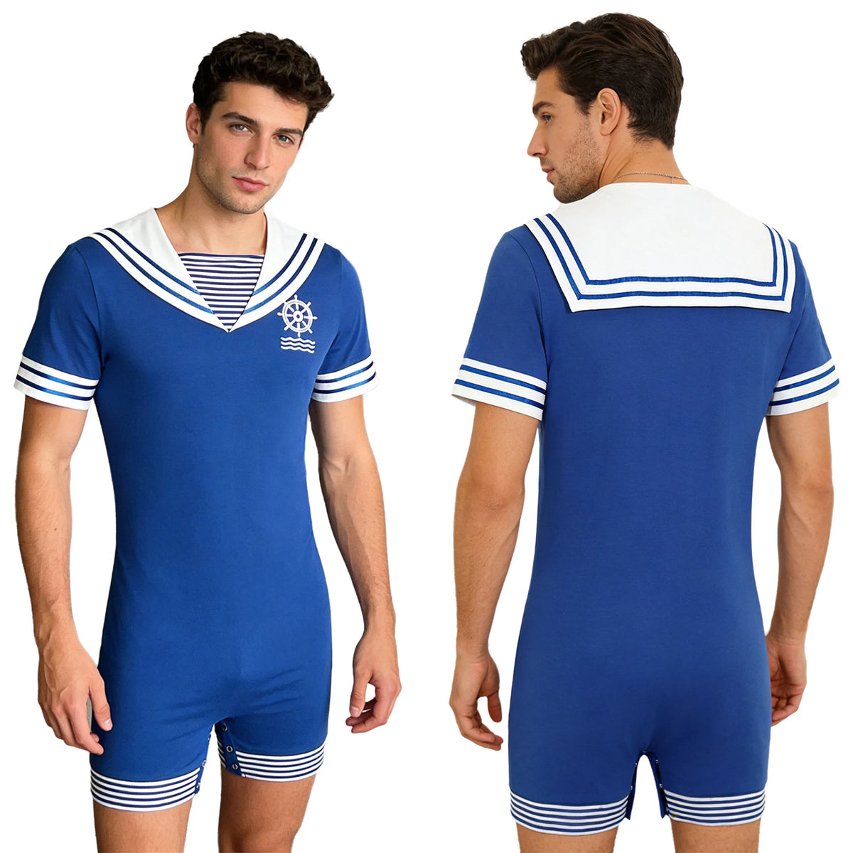 Men Sailor Style Pajamas Bodysuit Navy Collar Short Sleeve Button Crotch Romper Homewear Sleepwear Theme Party Cosplay Costume