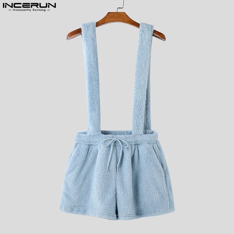 INCERUN 2025 American Style Short Overalls Men Fashion Casual Suede Design Streetwear Hot Selling Jumpsuits Summer Solid Rompers