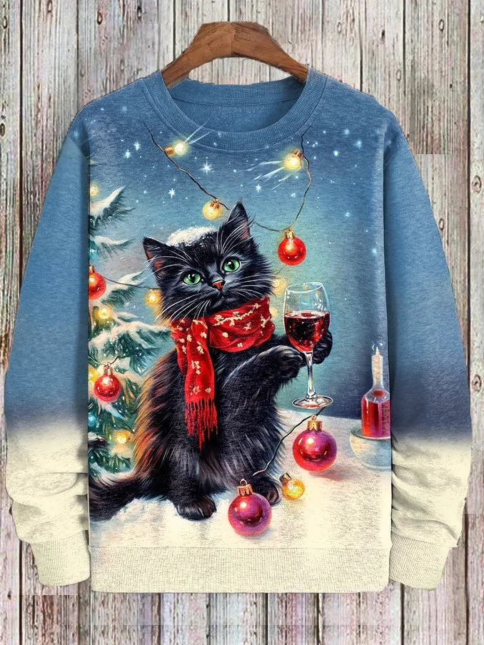 Men's Winter Skiing Animal Kitten Printed Casual Sweatshirt Fashion Round Neck Pullover Sweatshirt Polyester Fabric 2025 New