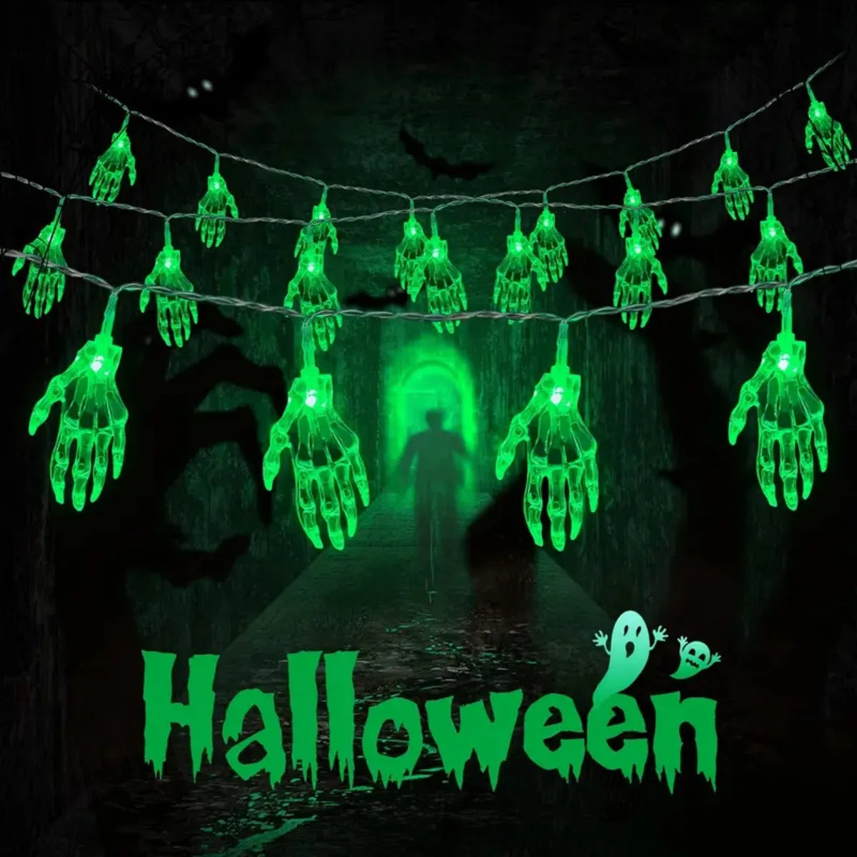 1pc 20LED Halloween Skeleton Hand Battery Powered String Light Horrible Atmosphere Skull Hand Lamp For Home Patry Yard Decor