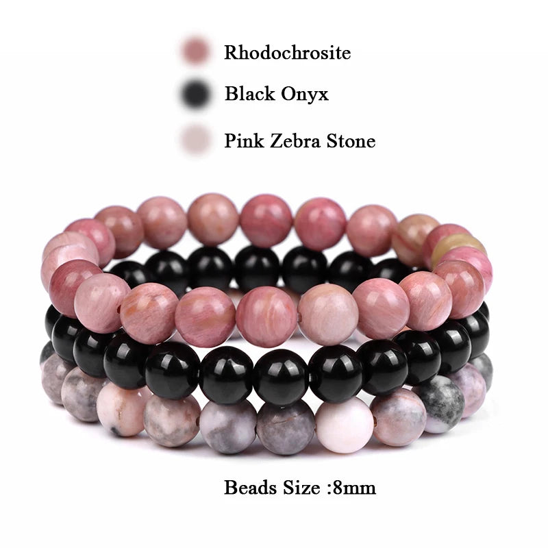 3Pcs/set 8mm Natural Stone Beads Bracelet Set Pink Zebra Rhodonite Moonstone Agates Hematite Bracelets For Women Men Jewelry