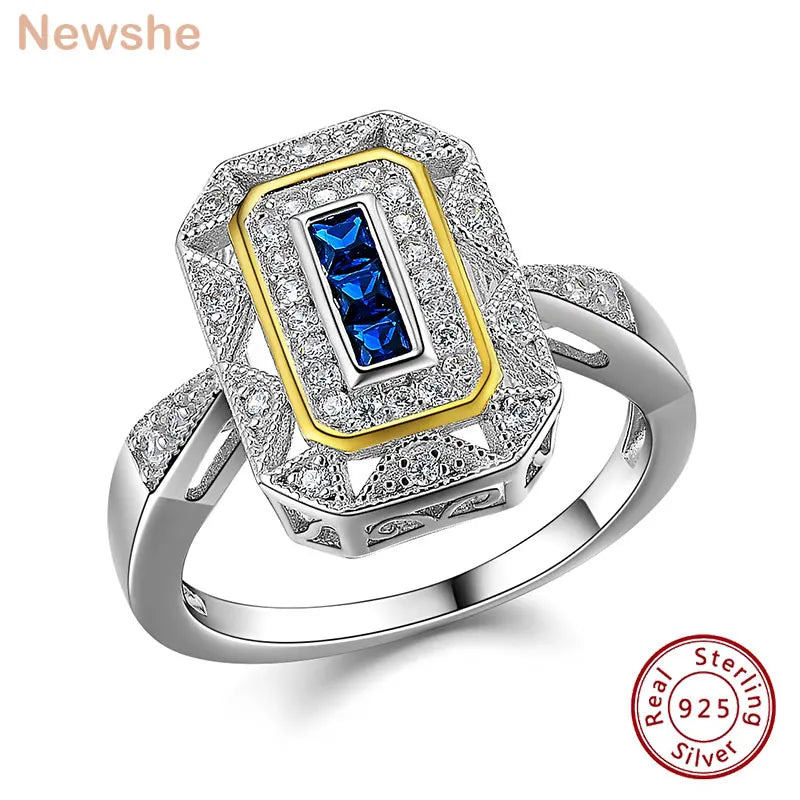 Newshe Vintage Engagement Wedding Rings for Women Real 925 Sterling Silver White & Gold Color Blue AAAAA Zircon Cocktail Ring