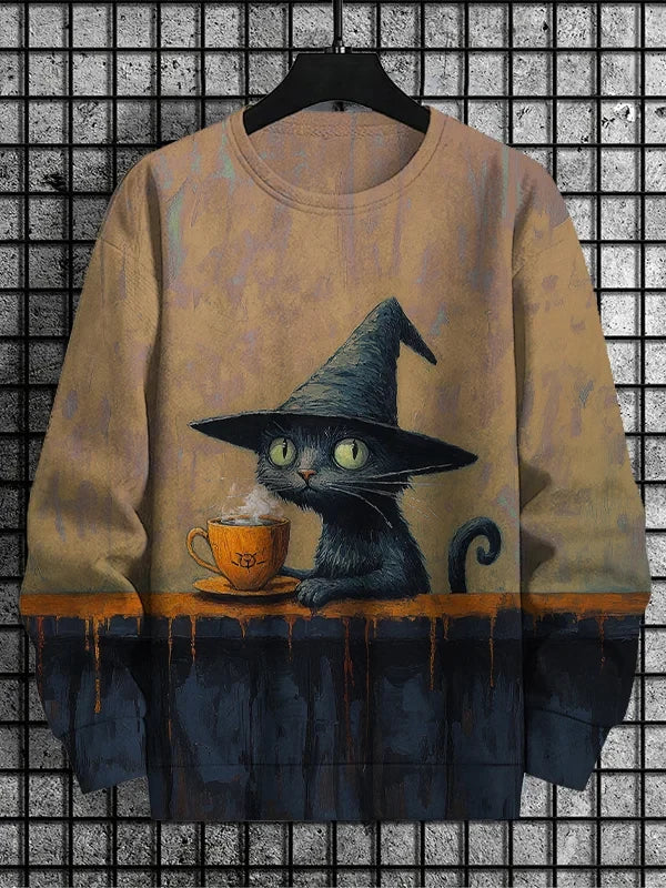 Men's Retro Animal Kitten Printed Casual Sweatshirt Fashion Round Neck Pullover Sweatshirt Polyester Fabric 2025 New