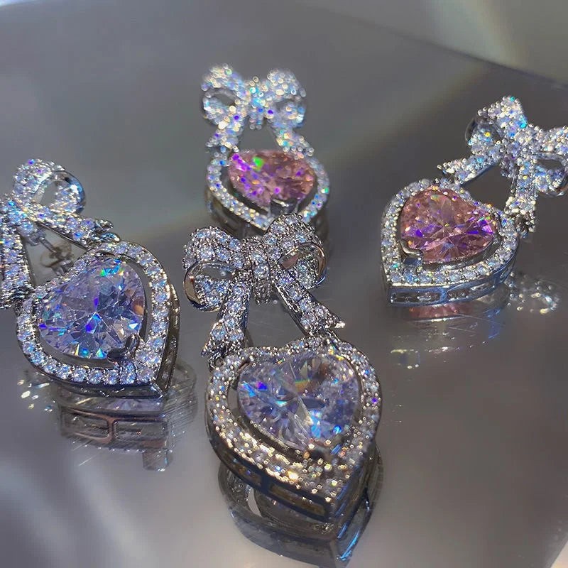 Exquisite Pink Heart Shape Bowknot Stud Earrings For Women Shining CZ Zircon