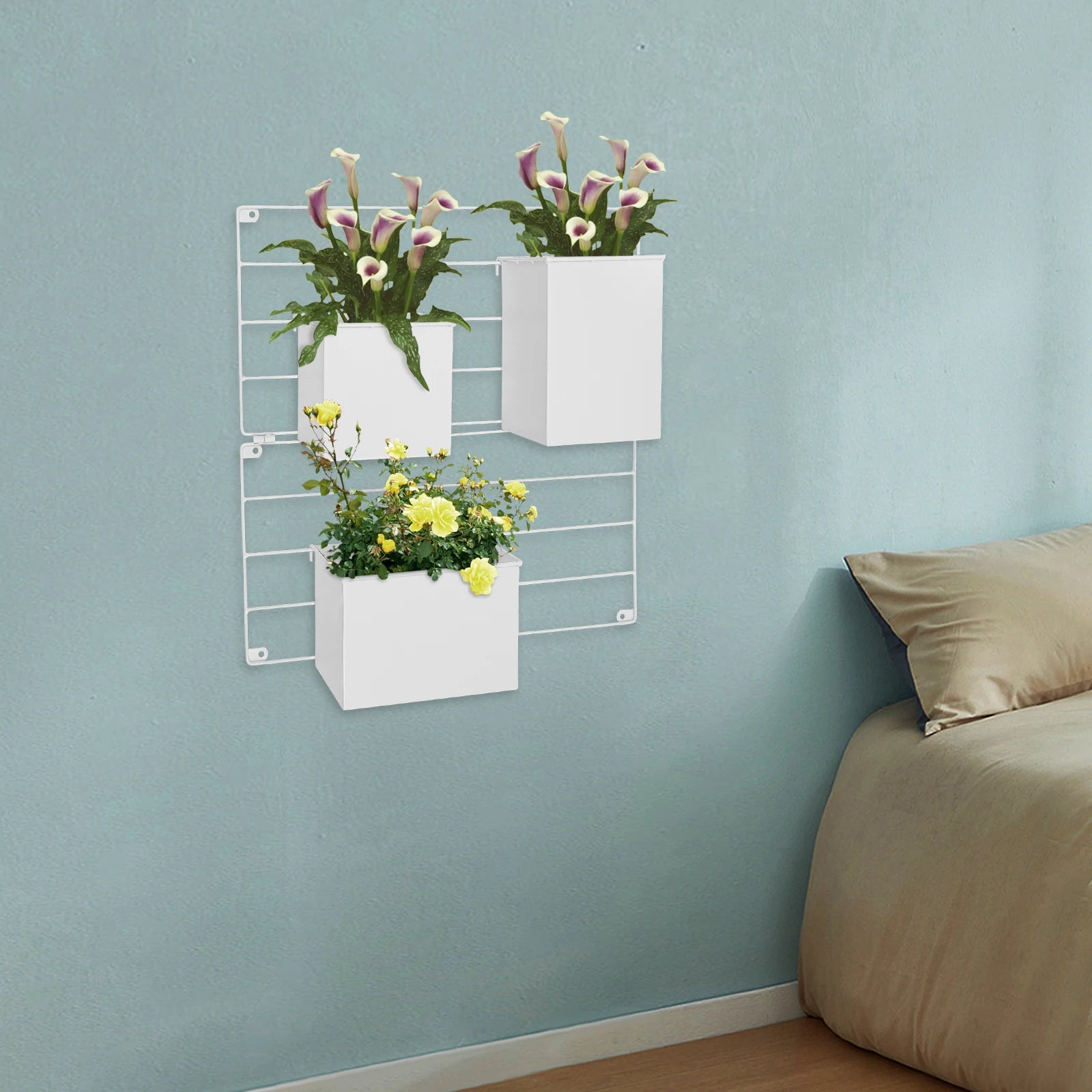 White, Wall-Mounted Plant Holder, Wall Planters with 3 Flower Pots, Wall-Mounted Grid with Flowerpots, Indoor Plant Pot Growing