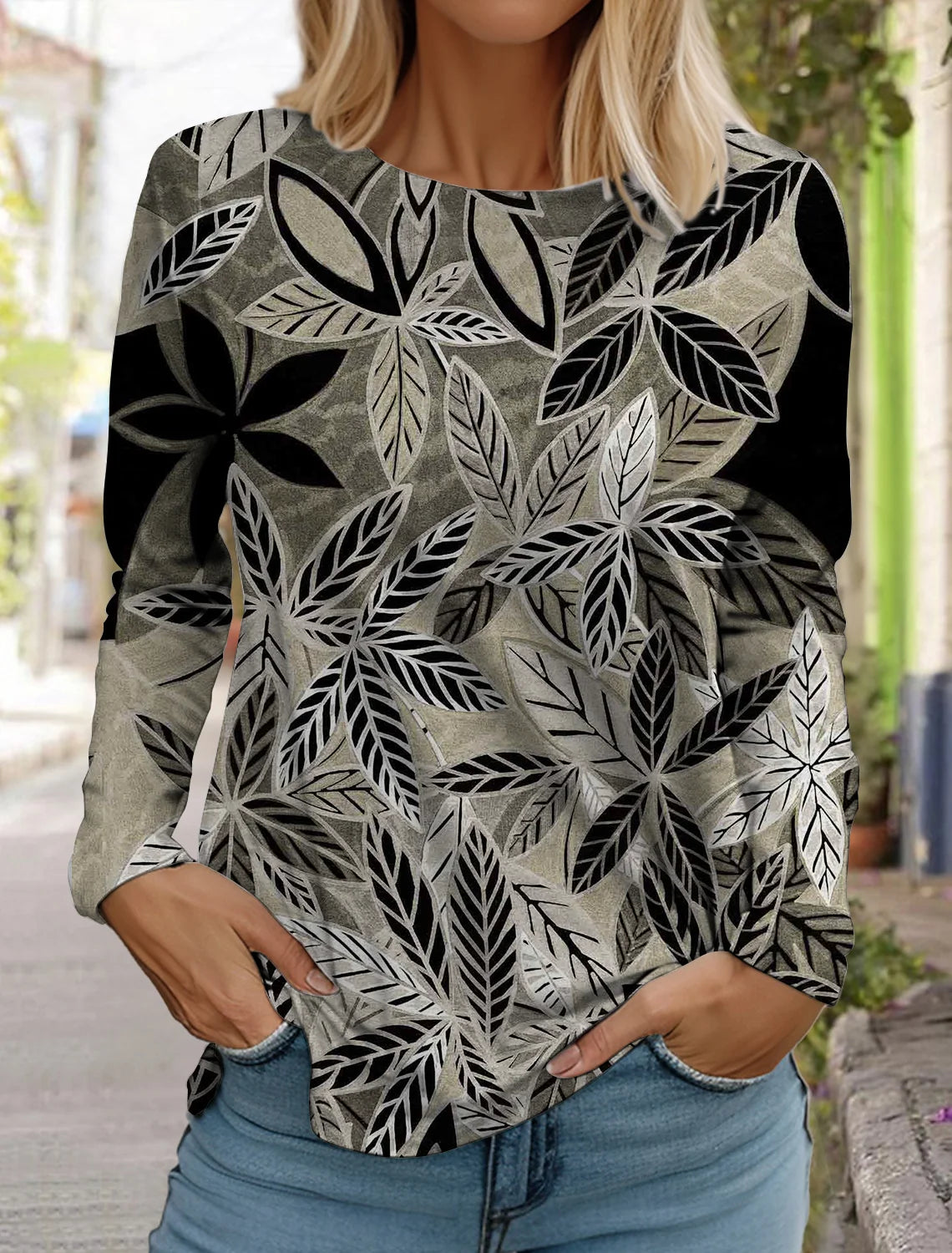 Women's white long-sleeved tops round neck casual tops 3d printed flowers fashion stickers printed women's long-sleeved T-shirt