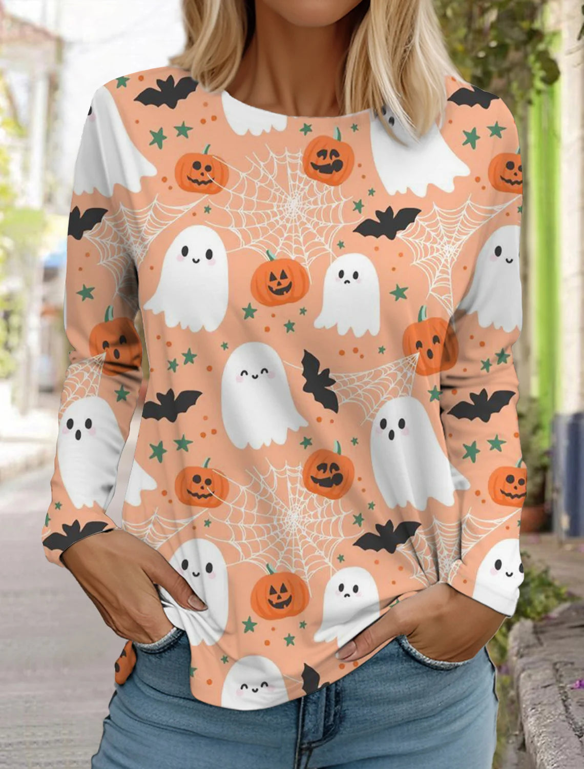 Halloween skull pumpkin print pullover autumn and winter women's casual long sleeve round neck sweatshirt men's clothing