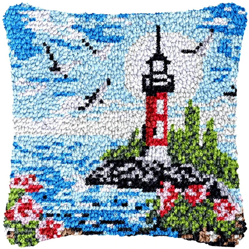 Lighthouse Sailing Latch Hook Set Embroidery Latch Hook Kit Marine Animals Latch Hook Pillow Set Button Pad Package Handmade DIY