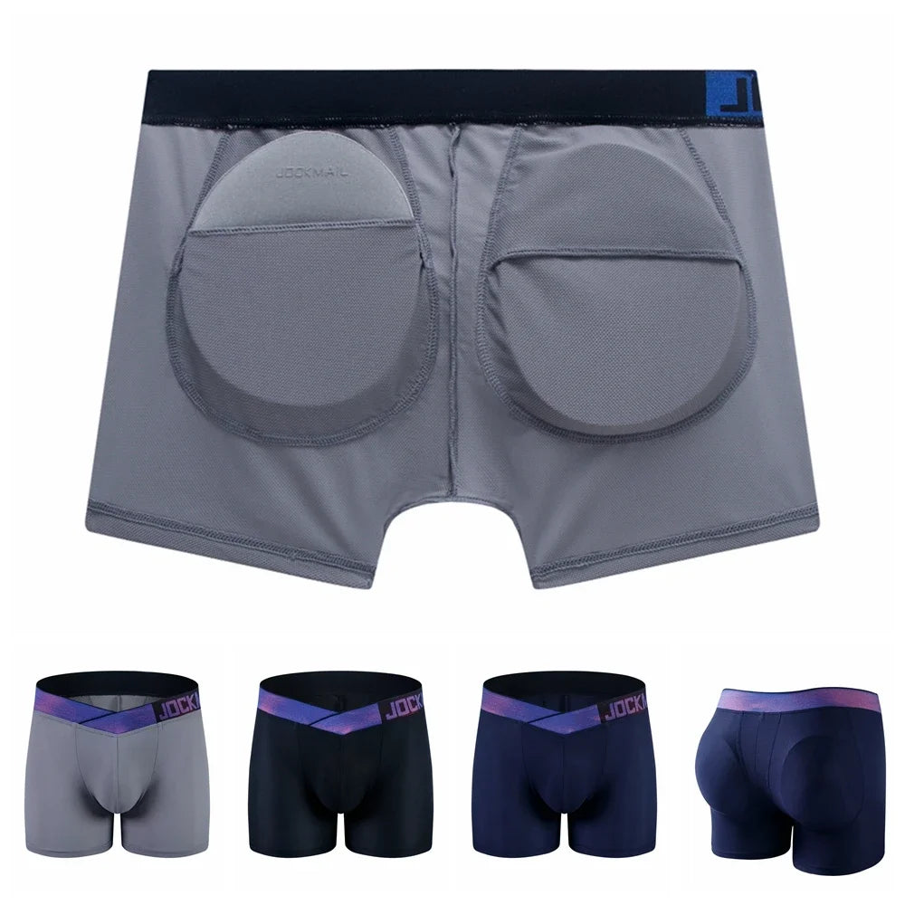 Men's Underwear Padded Buttocks Boxer Trunk with Butt Pads, Breathable Mesh, Long Boxer Shorts, Elastic and Comfortable