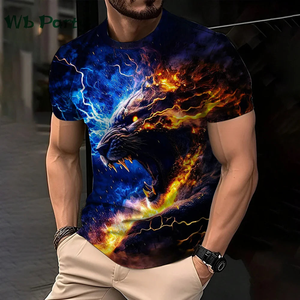 3D Lion Print Graphic T shirts Short Sleeve Tee Men's Clothing O-Neck Animal Print Mens Clothing T-shirts for Men Street Tops
