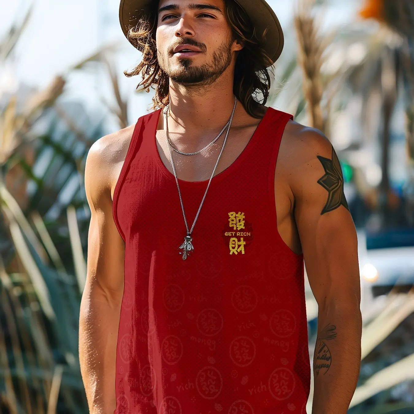 Summer Men's Vest Retro Totem Printed Round Neck Clothing Sleeveless T-shirt Printed Large Size Daily Sports Fitness Running Top
