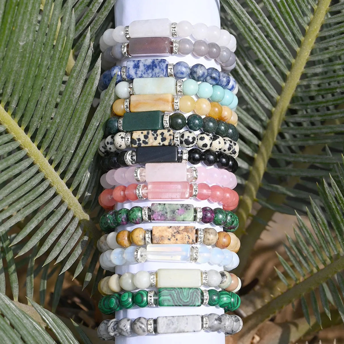 Natural Stone Bracelet: Featuring Rectangular Rose Quartz Plaques, Round Beads, Agate, Obsidian, and Raw Amazonite
