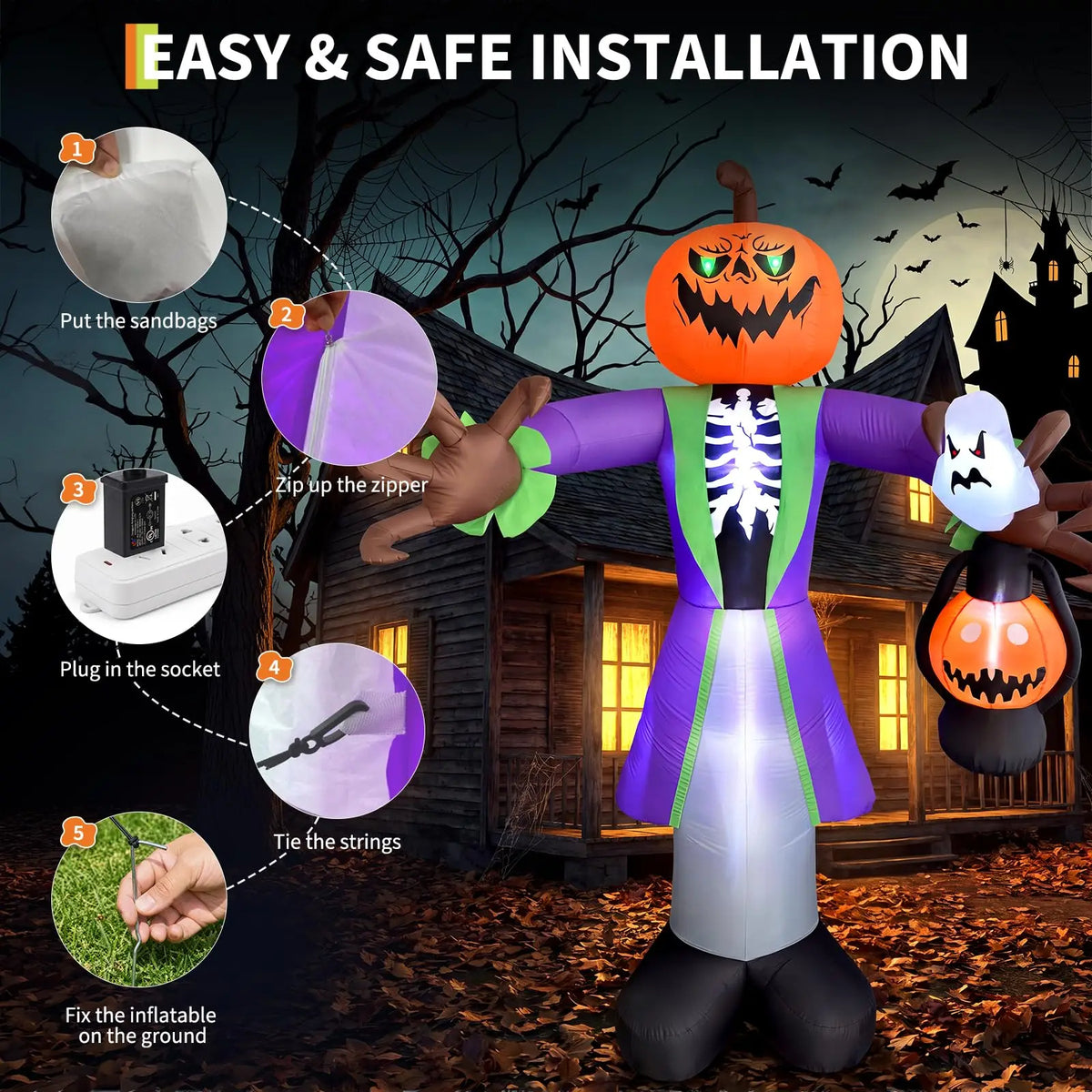 8ft Outdoor Lighted Halloween Inflatable Pumpkin Zombie with LED Lantern