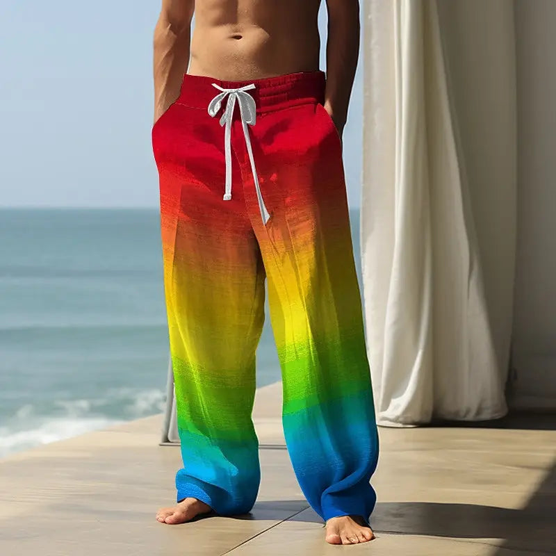 2026 Fall Men's Rainbow Gradient Pants Trousers Mid Waist Drawstring Elastic Waist Casual Outdoor Wide-leg Trousers For Mens