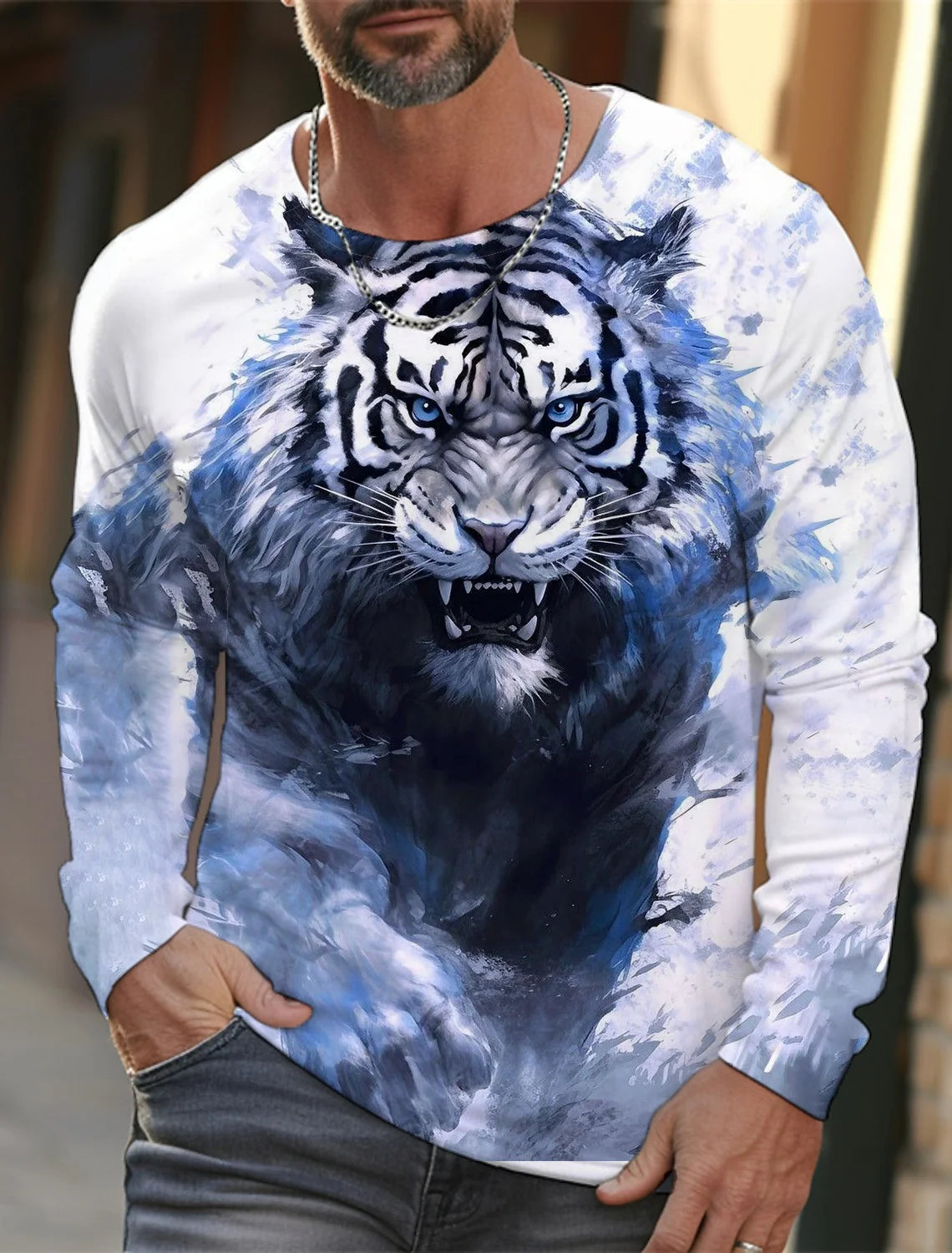 2024 New Tiger Print Pullover Autumn Winter Men's Casual Long Sleeve Round Neck Sweatshirt Streetwear Harajuku Men's Wear