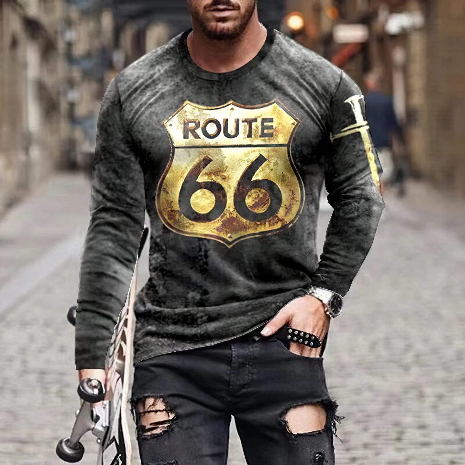 2024 Men's T-shirts Long Sleeve 3d Print Top Casual Cotton Vintage T Shirt Vintage Route 66 Tee Loose Sports O-neck Clothing 5xl