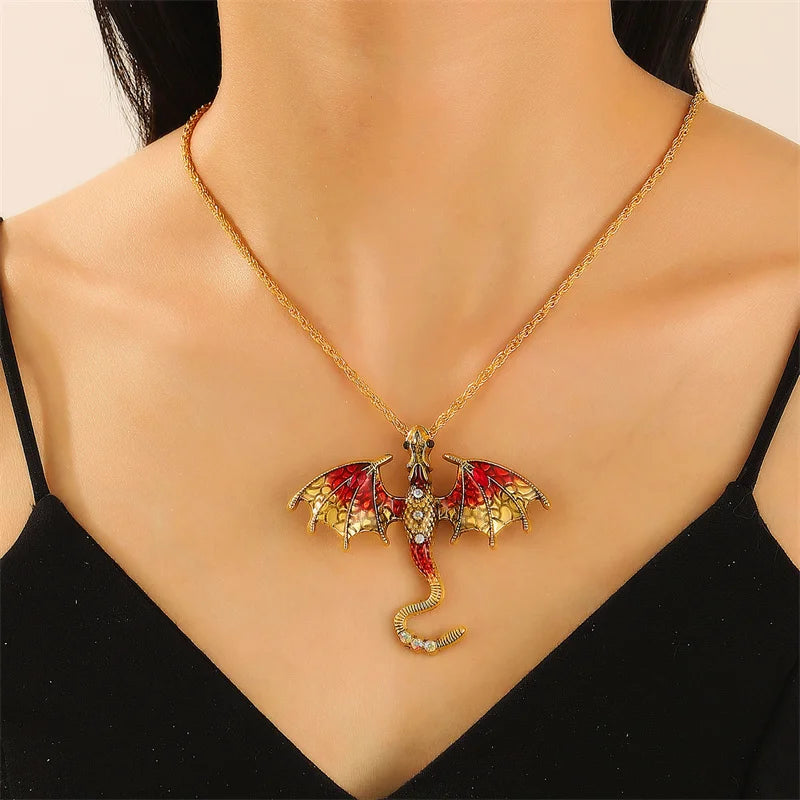 Gothic Colorful Flying Dragon Necklace for Woman Man Punk Jewelry Goth Pendants Necklaces Enamel Fly Dragon Collar collares