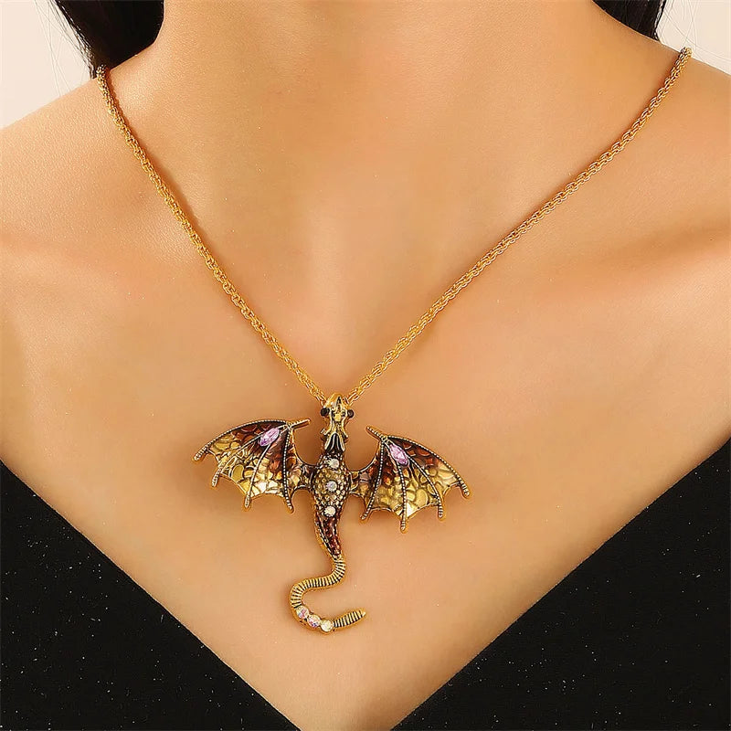 Gothic Colorful Flying Dragon Necklace for Woman Man Punk Jewelry Goth Pendants Necklaces Enamel Fly Dragon Collar collares