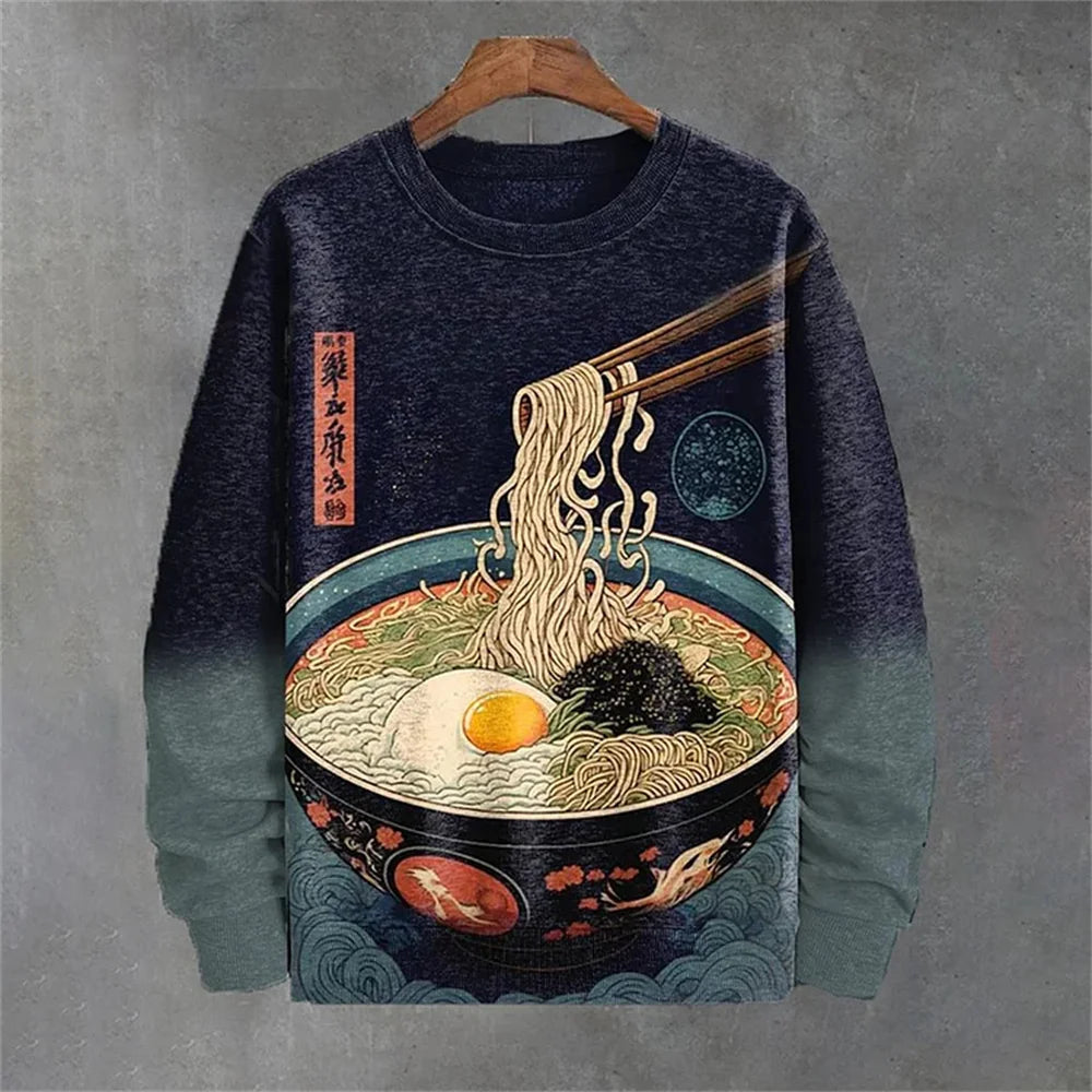 Japanese Ukiyo-e Hoodied Men's Sweatshirts Pullover Sea Wave Ramen Graphic Print Long Sleeves Hoodies Oversized Men Clothing Top