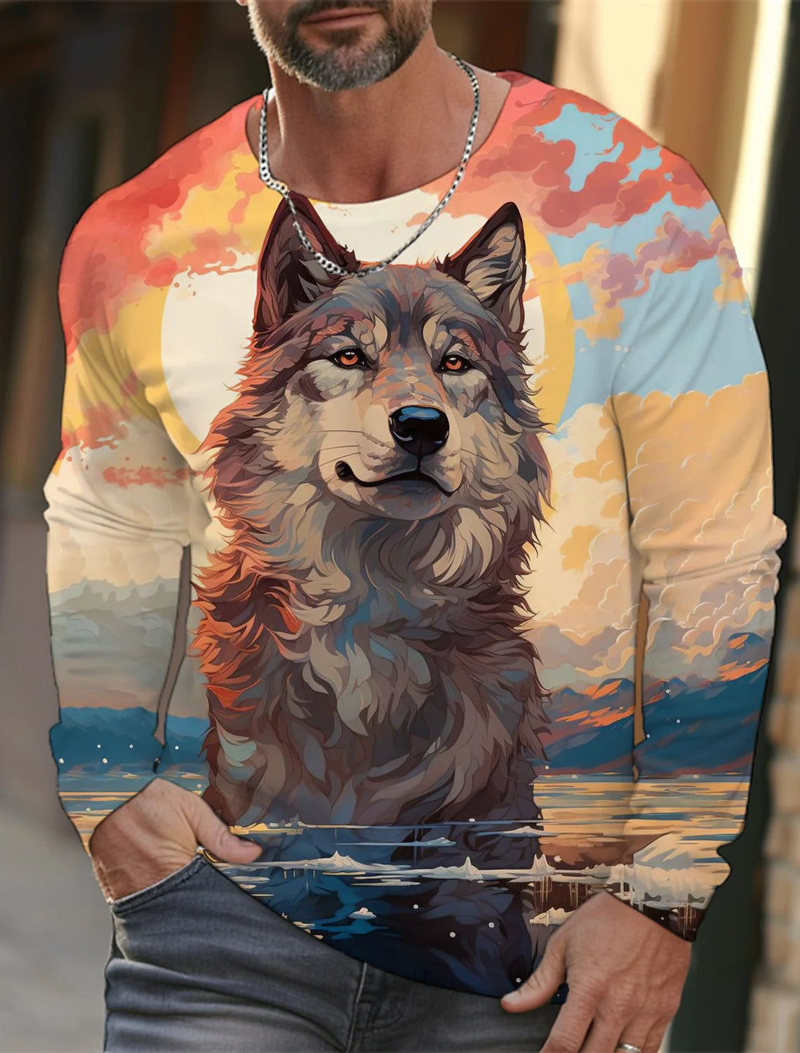 2024 new men's Ukiyoe long-sleeved T-shirt 3d printed high-definition wolf print men's autumn top casual round neck T-shirt