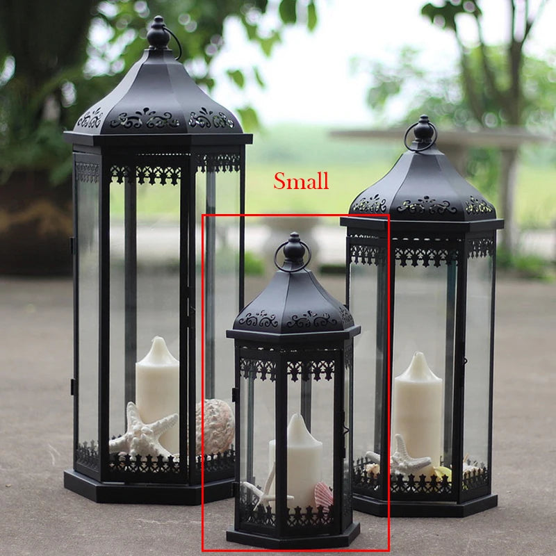 Wrought Iron Candlestick European Style Windproof Lamp Glass Lantern Wind Lamp Candlestick For Wedding Ornament Outdoor Floor