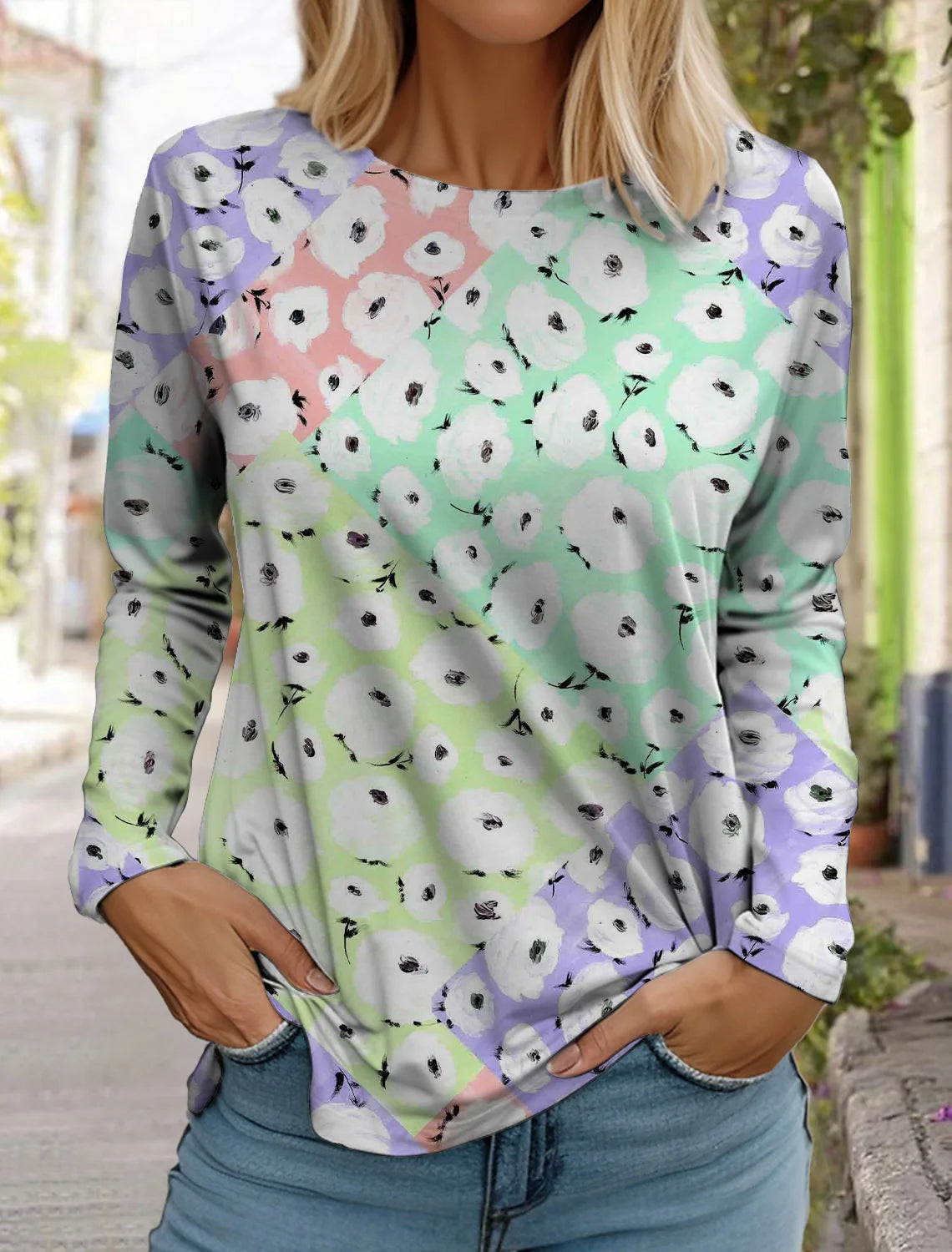Women's white long-sleeved tops round neck casual tops 3d printed flowers fashion stickers printed women's long-sleeved T-shirt