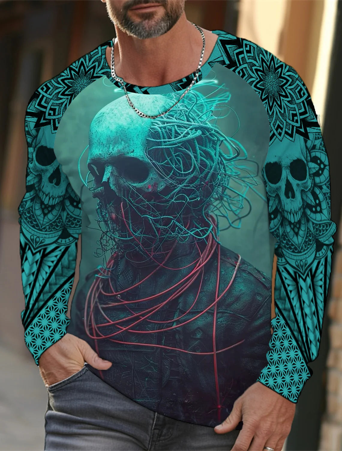 Men's long-sleeved T-shirt 3D printed high-definition skull stitching printing men's autumn tops casual round neck home clothes