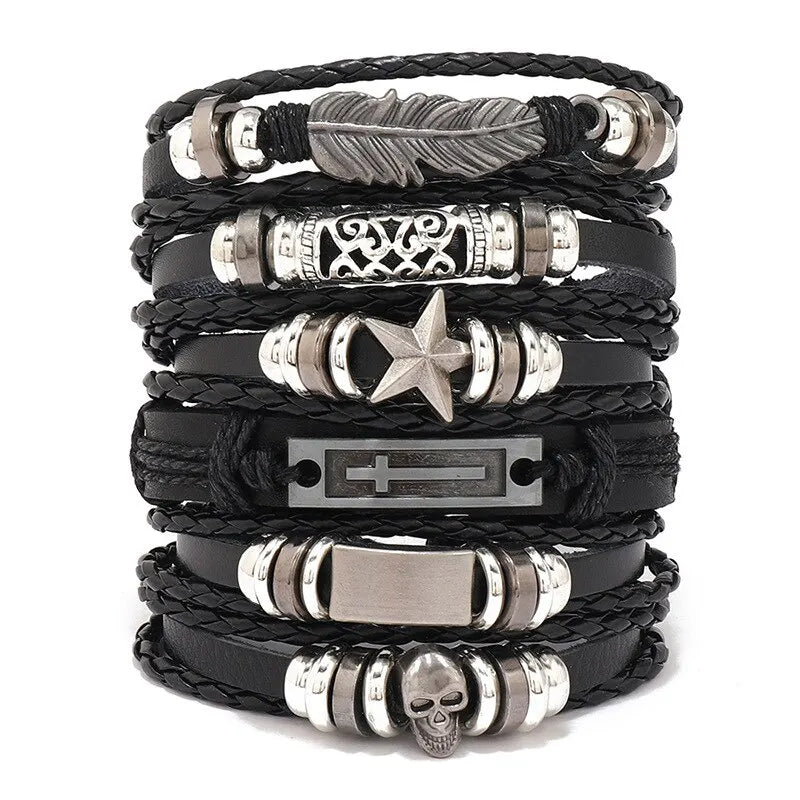 1 Fashion Bracelet Viking Bracelet For Men Hand Bracelets Woven Skull Hand Jewelry Adjustable Leather Set Bracelet For Leather