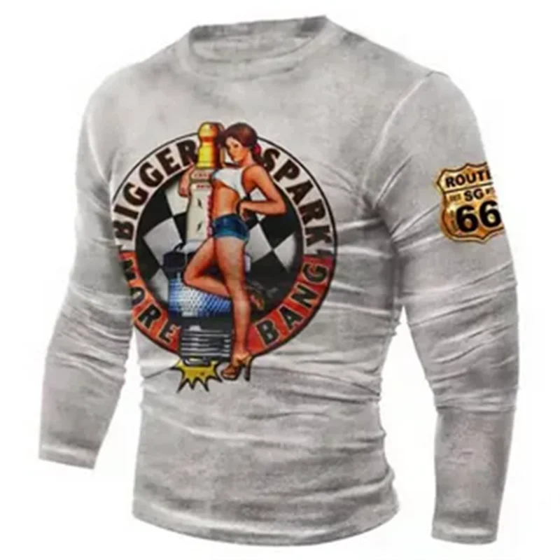 2024 Men's T-shirts Long Sleeve 3d Print Top Casual Cotton Vintage T Shirt Vintage Route 66 Tee Loose Sports O-neck Clothing 5xl