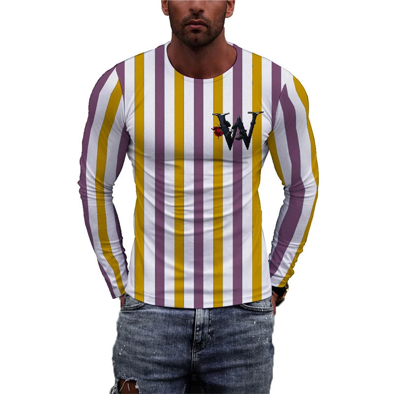 Long Sleeve Striped Men's Fashion T-Shirts Loose Casual Oversize Breathable Tops 3D Printed Letters Street Hip Hop Male Top Tee