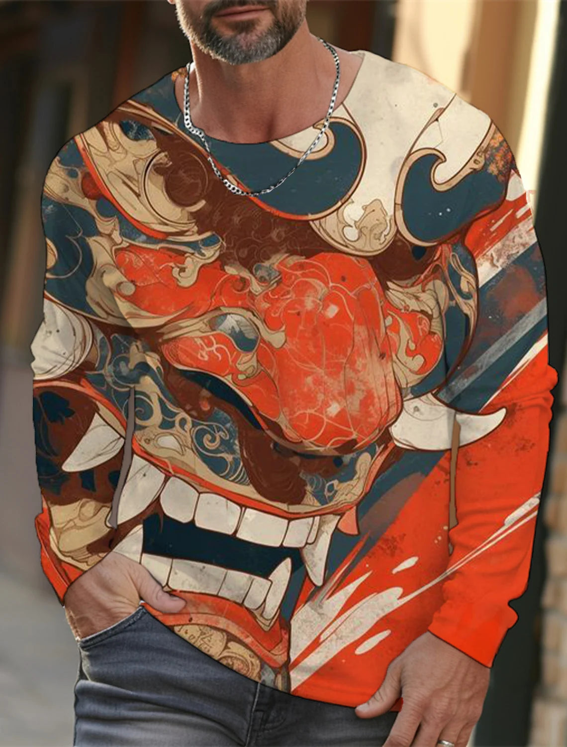 2024 new men's Ukiyoe long-sleeved T-shirt 3D printing high-definition wave cat printing men's autumn casual round neck top