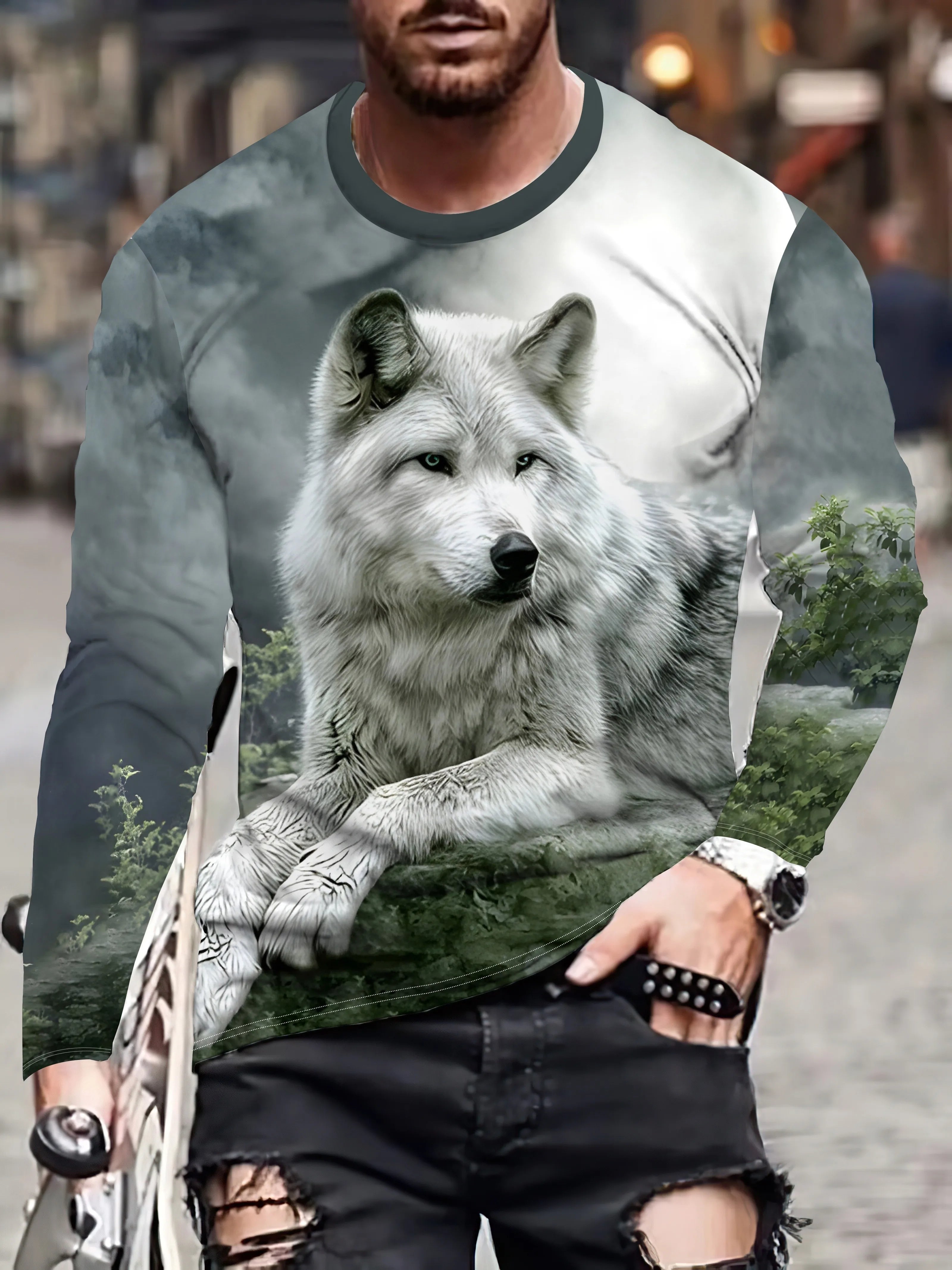 Black and white tiger print men's T-shirt fashion long-sleeved T-shirt casual round neck street top loose pullover autumn