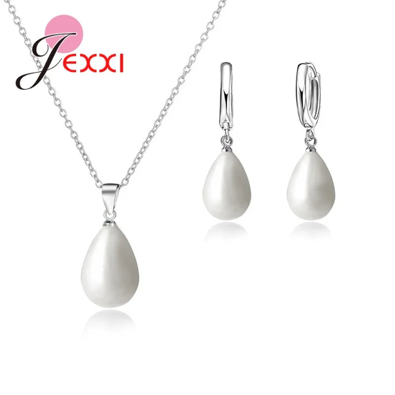 Waterdrop Pearl 925 Sterling Silver Jewelry Sets Anniversary Simple Accessory Earrings Necklaces For Wedding Party