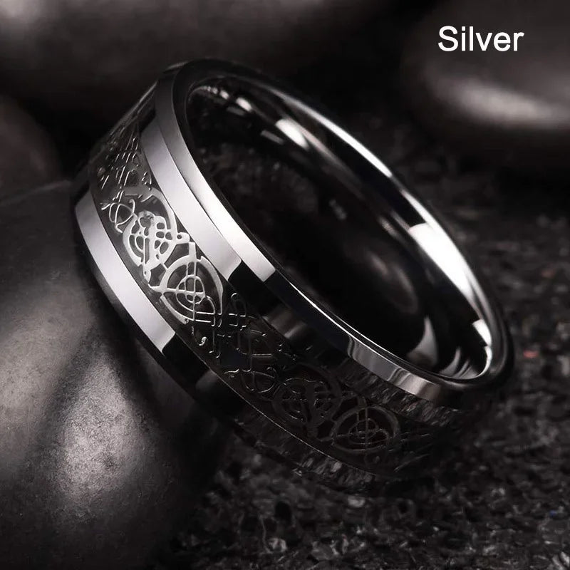 21 Colors 8mm Men's Stainless Steel Celtic Dragon Ring Inlay Red Green Black Carbon Fiber Ring Wedding Band Jewelry Size 6-13