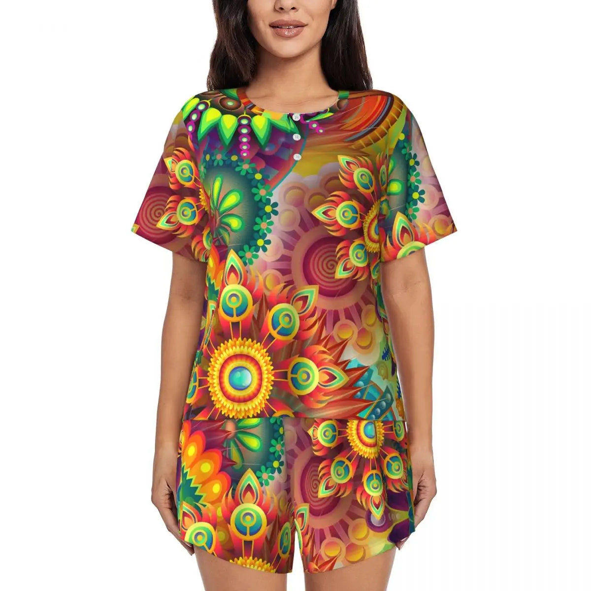 Flower Power Pajamas Spring 2 Pieces Purple Hippie Cute Pajama Sets Lady Short Sleeve O Neck Casual Custom Nightwear