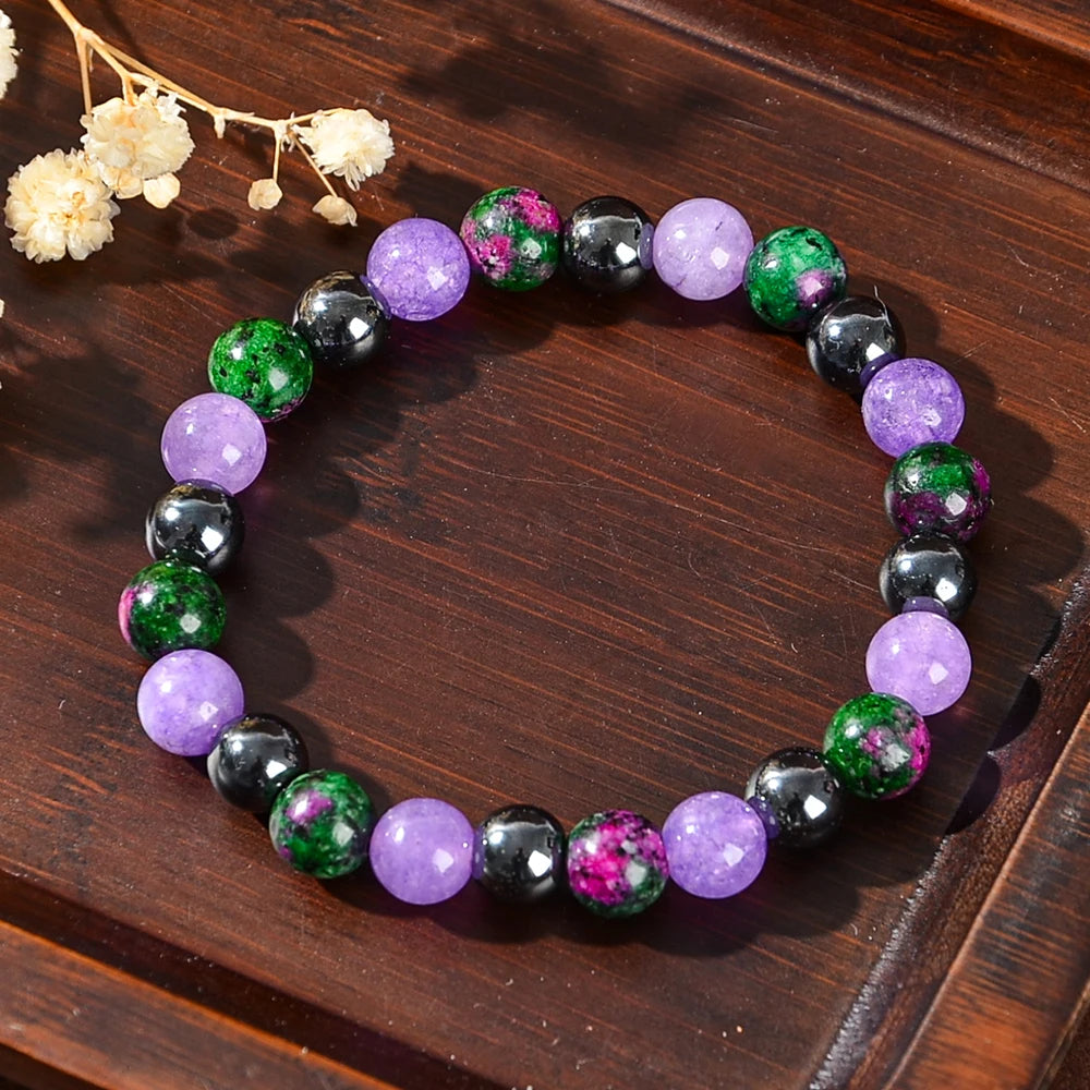 1 Piece of Depression-Healing Bracelet, Made of Natural Stone Including Flower-Green Stone and Purple Mica