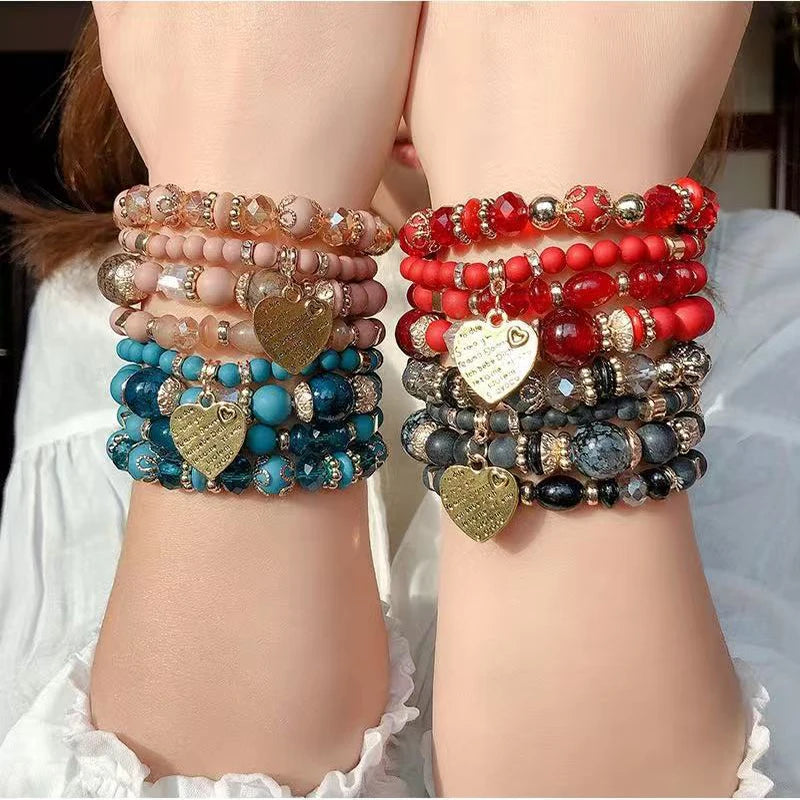 4Pcs/Set Bohemian Style Crystal Glass Love Heart Multi-Layer Stacking Elastic Bracelet For Women Daily Wear Jewelry Gift