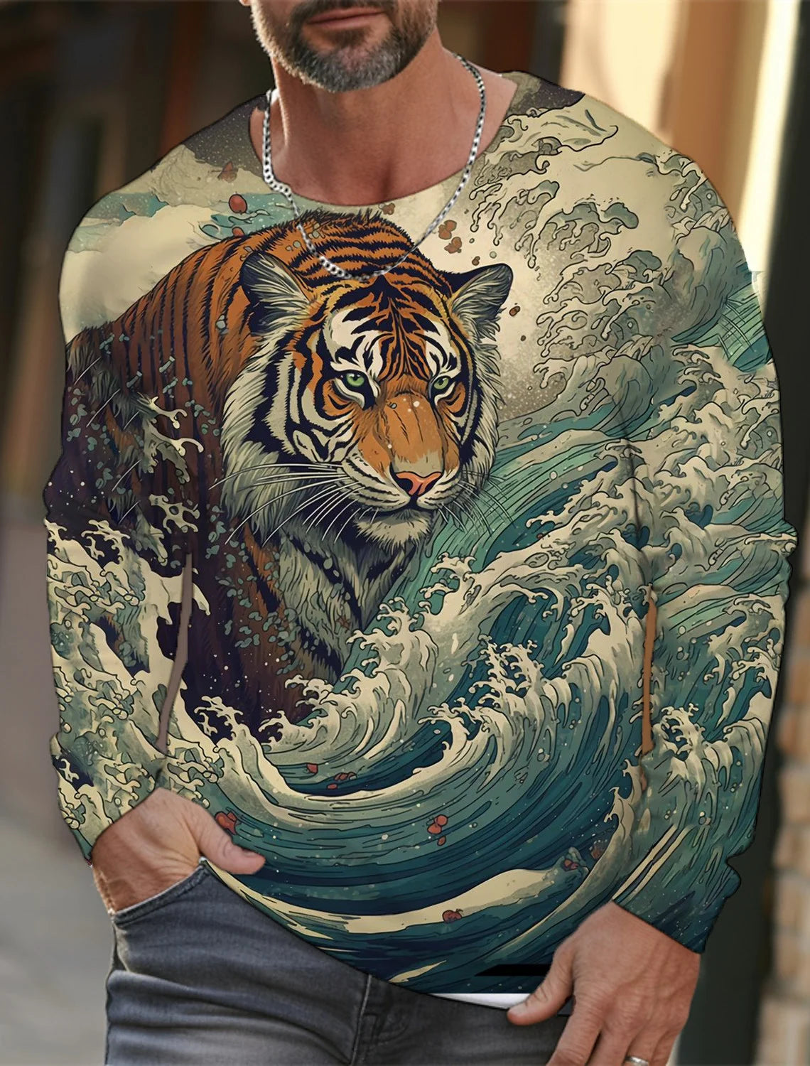2024 new men's Ukiyoe long-sleeved T-shirt 3D printed high-definition tiger print men's autumn tops casual round neck T-shirt