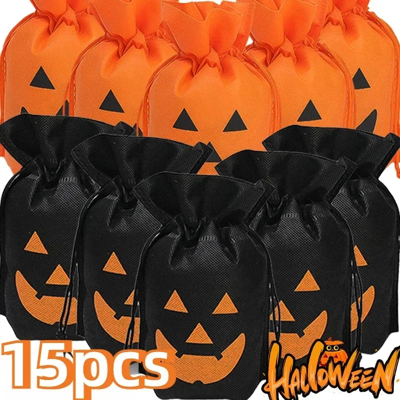 1-15PCS Halloween Pumpkin Candy Bag Non-woven Portable Biscuit Gift Bag Sugar Storage Pouch Halloween Party Supplies Kids Favors