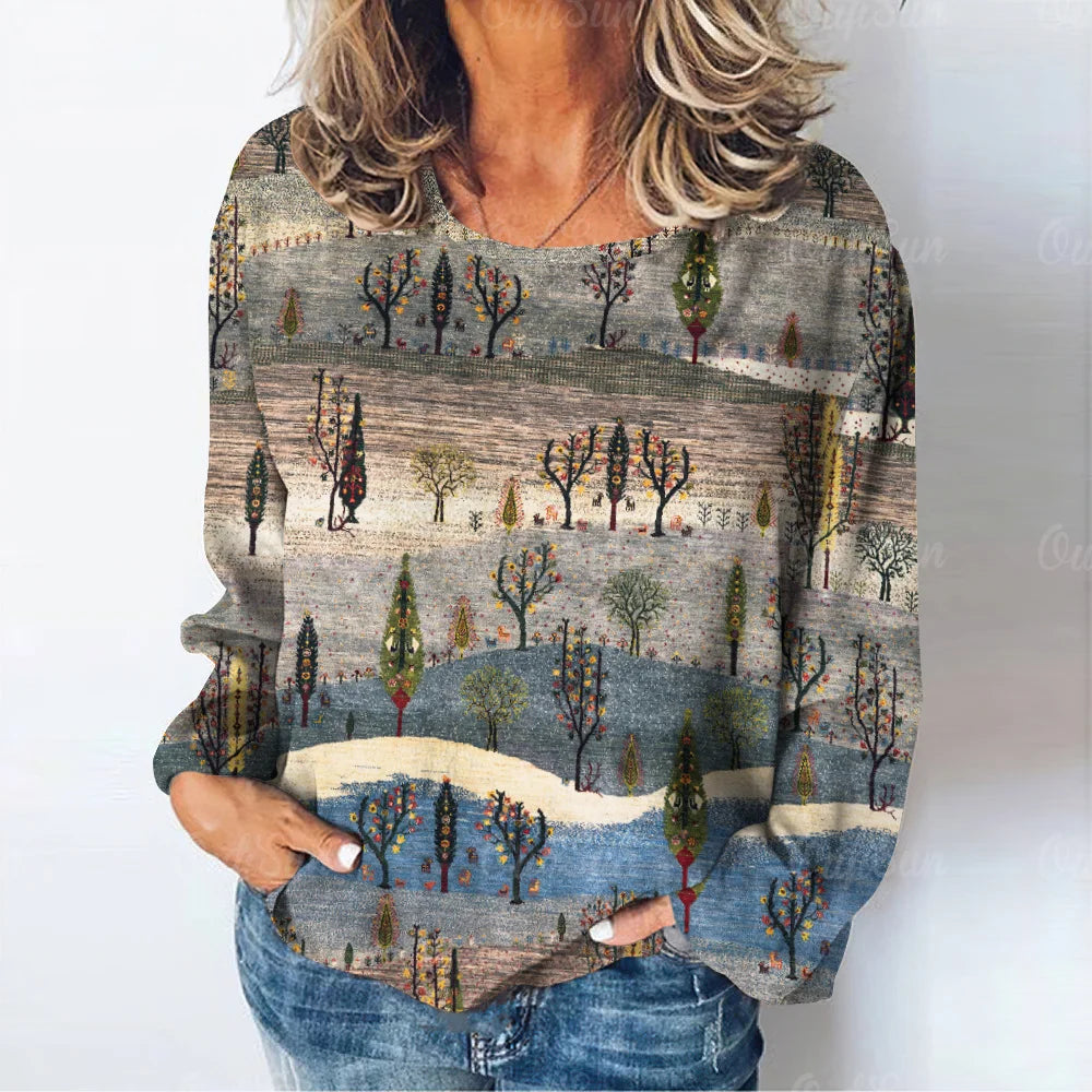 Women's natural landscape print T-shirt long sleeve T-shirt autumn casual women's fashion camel desert print long sleeve