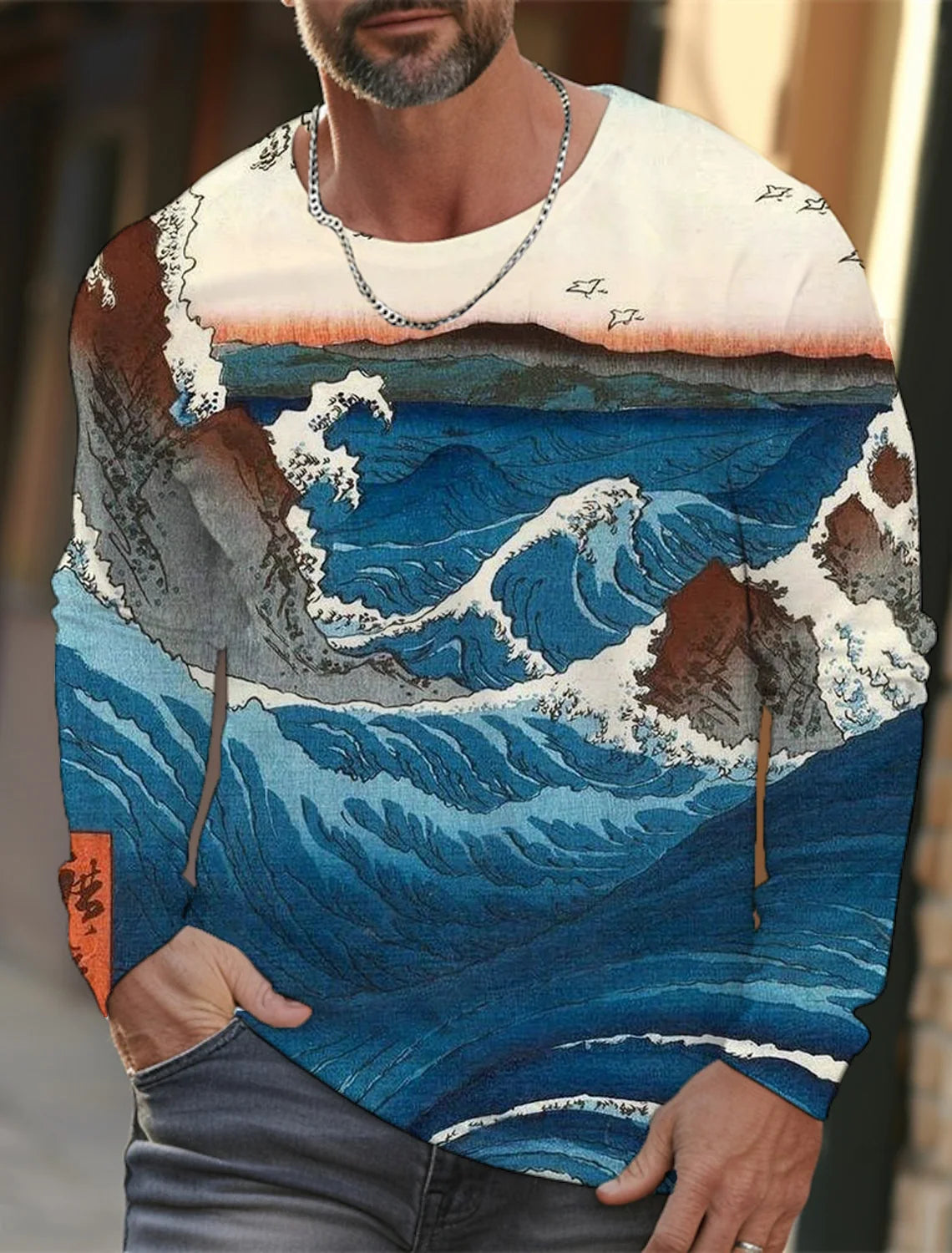 2024 new men's Ukiyoe long-sleeved T-shirt 3D printing high-definition wave cat printing men's autumn casual round neck top